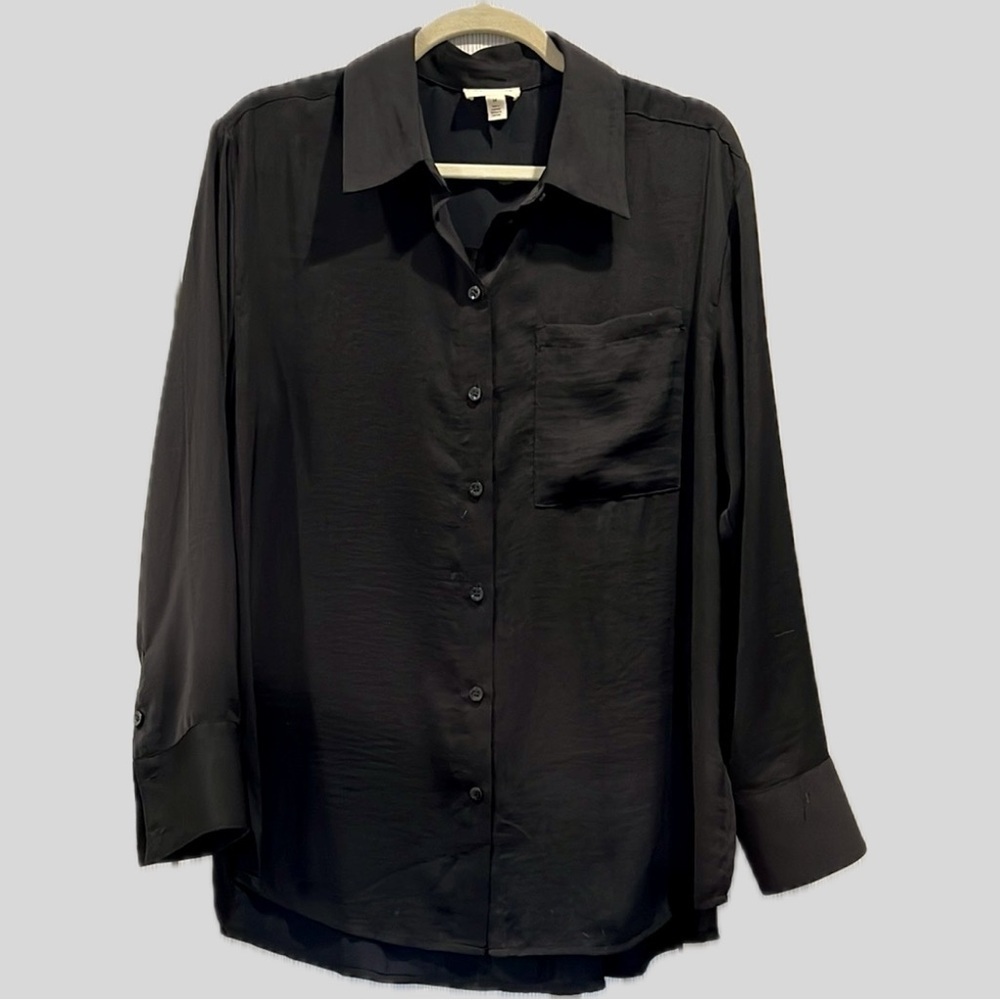 Open Edit | Satin Button Up Shirt | Black | Size Medium